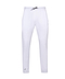 The Babolat Play Men's Badminton Pants - White are crafted from lightweight, four-way stretch fabric and feature a slim-fit design. These athletic pants include an elastic waistband with a gray drawstring and display a subtle brand logo near the bottom of one leg, offering both style and comfort for sports or casual wear.