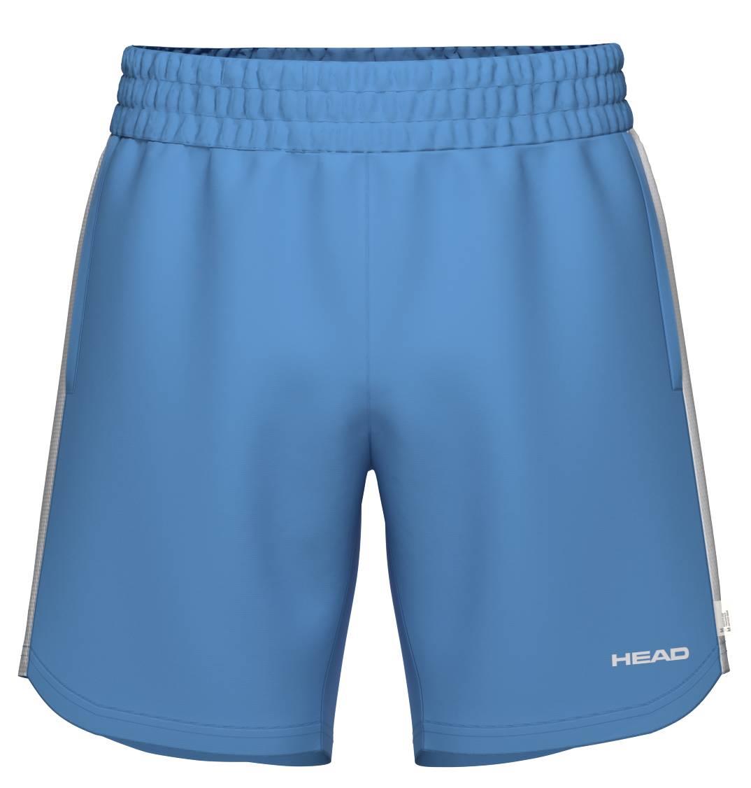 HEAD Power Men's Badminton Shorts in Airforce Blue feature a lightweight design, elastic waistband, white vertical side stripes, and the HEAD logo in white on the lower left leg.