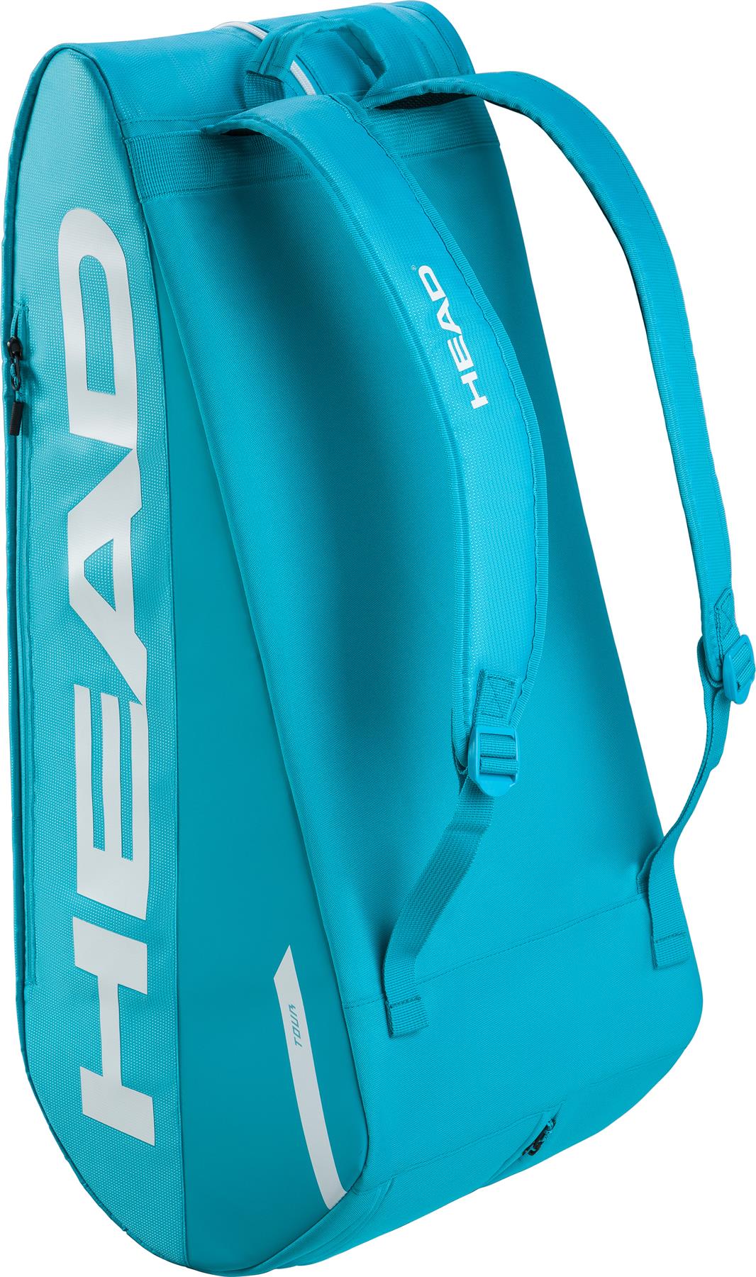 The HEAD Tour 9 Racket Badminton Bag L - Blue features white lettering, adjustable straps, a top handle, and a modern design—making it a stylish racket or badminton bag from HEAD.