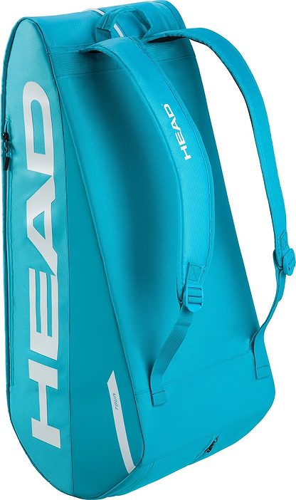 The HEAD Tour 9 Racket Badminton Bag L - Blue features white lettering, adjustable straps, a top handle, and a modern design—making it a stylish racket or badminton bag from HEAD.