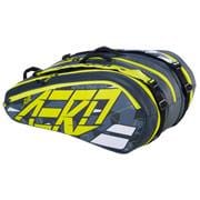 A grey and neon yellow Babolat RHX12 Pure Aero racket bag showcases "AERO" prominently on the side. Tailored for tournament players, it offers three compartments, a sporty design, and multiple zippers for optimal storage.