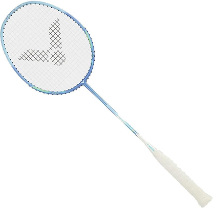 The Victor Thruster Ryuga Sport F 3U Badminton Racket in blue by Victor features a white grip and a unique black arrow-like pattern on the strings, perfect for beginner to intermediate players, pictured on a plain white background.