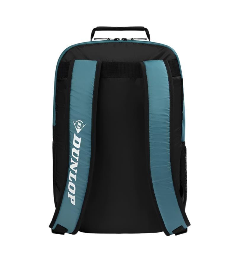 The Dunlop SX Club Badminton Backpack in teal, black, and yellow features a rectangular shape with a back view showcasing two padded shoulder straps, one displaying the white "Dunlop" brand name. It has a top handle and a secure racket compartment.