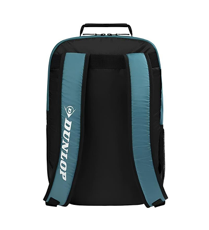 The Dunlop SX Club Badminton Backpack in teal, black, and yellow features a rectangular shape with a back view showcasing two padded shoulder straps, one displaying the white "Dunlop" brand name. It has a top handle and a secure racket compartment.