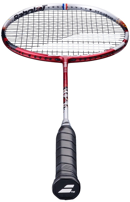 The Babolat X-Feel Origin 2026 3U Badminton Racket in white and red, shown upright with a black grip against a white background, showcases Babolat’s renowned power potential.