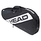 The HEAD Elite 3R 3 Racket Bag - Black / White, made from recycled materials, showcases a stylish black and white look with prominent branding. It includes several zippered compartments, a practical top carrying handle, and an adjustable shoulder strap for effortless transportation.