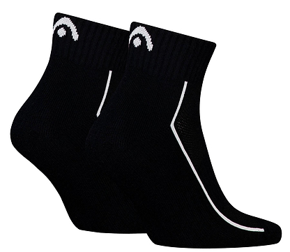 HEAD Performance Quarter Badminton Socks - Black (2 Pack) by HEAD feature a cushioned sole, white curved line design on the sides, and a white logo near the top.