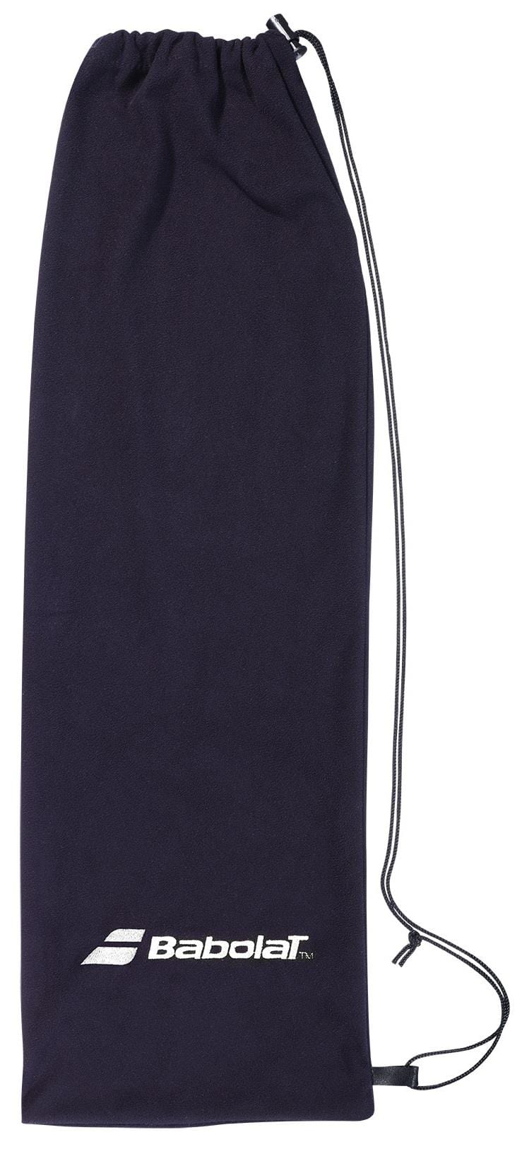 The Babolat Badminton Racket Sling Bag - Black is a lightweight drawstring bag made from durable polyester, featuring the Babolat logo in white at the bottom. Its long, thin cord ensures a secure close, ideal for covering badminton rackets.