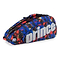The Prince Hydrogen Random 9 Racket Bag in blue, red, and multi-color features a striking abstract design with the brand's name prominently displayed in large white letters. It offers multiple zipped compartments and is designed to securely hold rackets. The bag also comes with adjustable shoulder straps and thermal protective lining, making it ideal for any match.