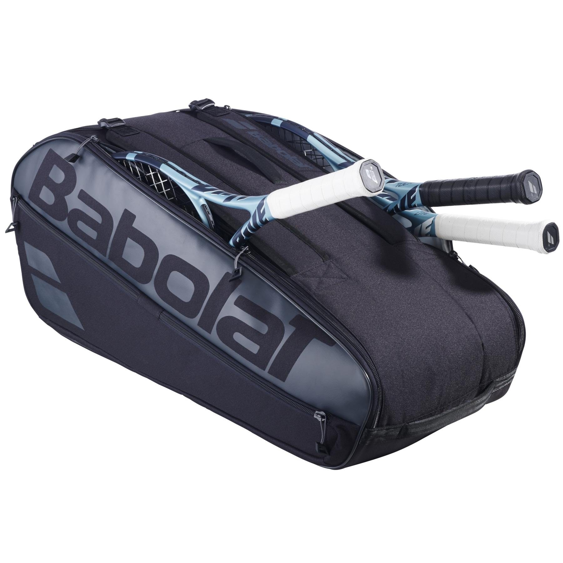 The black Babolat Court L 9 Racket Badminton Bag showcases the Babolat logo and text, housing two tennis rackets with white grips and patterned blue frames, their handles elegantly sticking out.