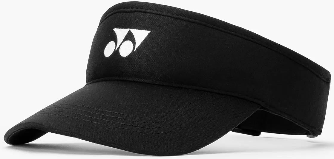 The Yonex 40126EX Badminton Visor in black features a curved brim, breathable polyester material, an adjustable fit, and a white Yonex logo for style.