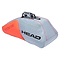The HEAD Radical 9R Supercombi 9 Racket Bag in grey and orange features black handles and is equipped with Climate Control Technology. It offers two roomy compartments, with "HEAD" prominently displayed on the side of its modern design.