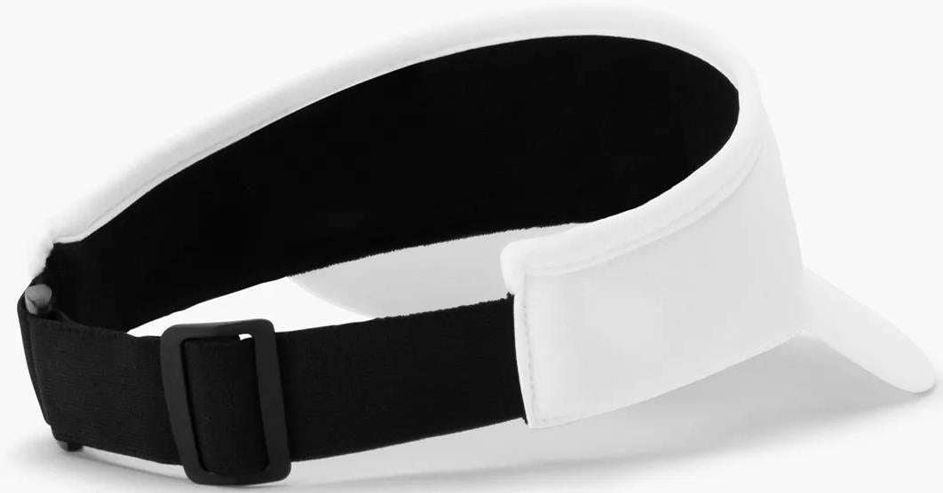 A close-up of the Yonex 40126EX Badminton Visor - White shows its white design with a black adjustable strap and buckle for size adjustment.