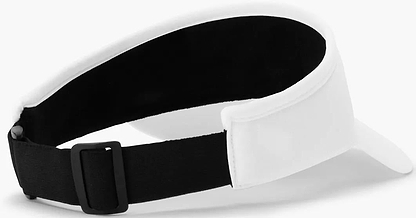 A close-up of the Yonex 40126EX Badminton Visor - White shows its white design with a black adjustable strap and buckle for size adjustment.