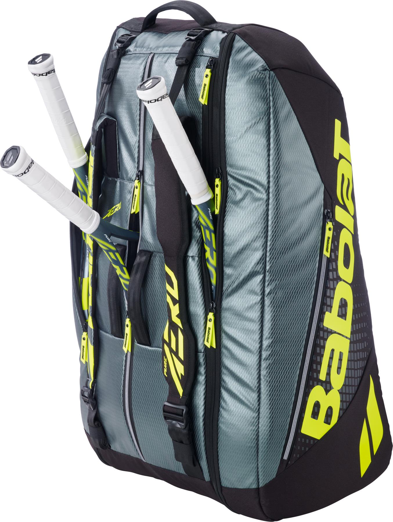The Babolat RH12 Pure Aero 12 Racket Badminton Bag in Grey and Yellow offers spacious compartments, zippered pockets, and a stylish design—perfect for carrying multiple rackets and gear.