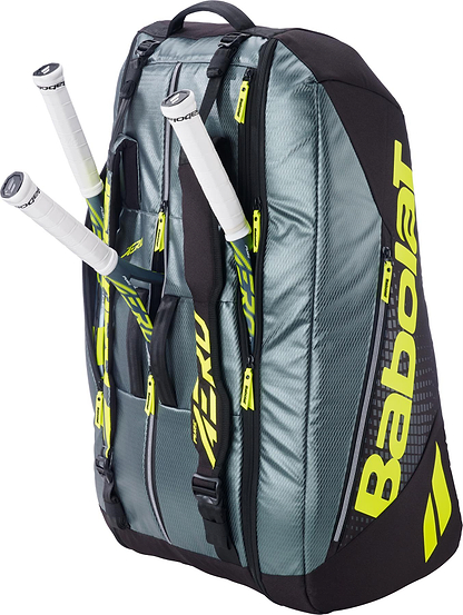 The Babolat RH12 Pure Aero 12 Racket Badminton Bag in Grey and Yellow offers spacious compartments, zippered pockets, and a stylish design—perfect for carrying multiple rackets and gear.