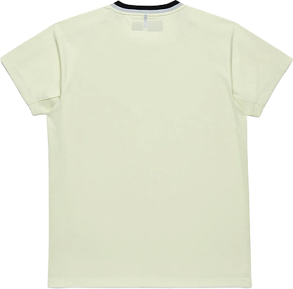 The Yonex 10712YX Crew Neck Men's Badminton T-Shirt in Champagne is shown laid flat, back up. This plain, short-sleeved tee features a dark-trimmed collar and no visible logos—ideal as quick-drying Yonex sportswear.
