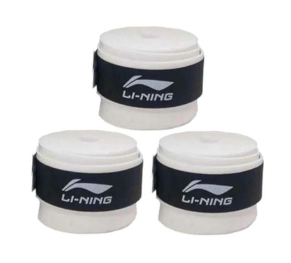 The Li-Ning Badminton Overgrip (3 Pack) in white features three cylindrical grips wrapped with black bands displaying the "Li-Ning" logo. Renowned for their super tacky, absorbent grip, they are neatly presented on a simple white background.