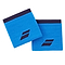 The Babolat Logo Wristband - Drive Blue, featuring two vibrant blue wristbands with dark blue edges and a diagonal stripe logo at the center, serve as perfect tennis accessories. These high-absorption wristbands are showcased on a white background, slightly overlapping each other.