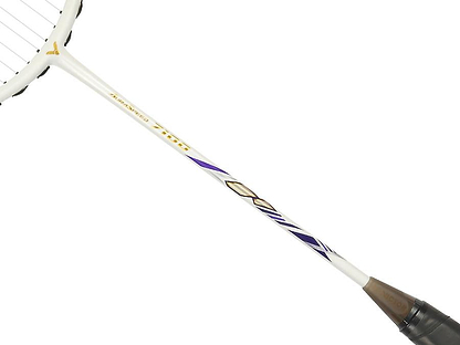 Close-up of the Victor Auraspeed 7100 4U Badminton Racket by Victor, showcasing gold and purple geometric designs on a high resilience graphite shaft, black strings, and a brown grip at the handle end.
