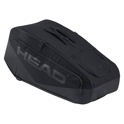 The HEAD Pro X 12 Racket Badminton Racket Bag XL - Black features multiple compartments, advanced climate control tech, and bold HEAD branding on the side.