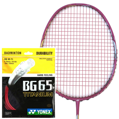 A Yonex badminton racket with red strings is shown next to a Yonex BG 65 Ti Badminton String Red 0.7mm 10m packet, featuring distinctive black and yellow packaging.