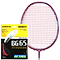 A Yonex badminton racket with red strings is shown next to a Yonex BG 65 Ti Badminton String Red 0.7mm 10m packet, featuring distinctive black and yellow packaging.