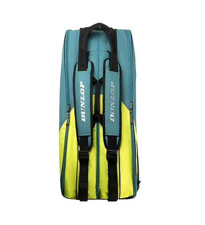 The Dunlop SX Performance 8 Racket Badminton Bag in teal, black, and yellow features bold logo text on two adjustable straps. Its sporty and compact design makes it perfect for efficiently carrying badminton rackets or sports gear.