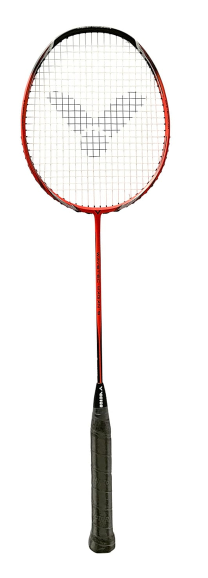 The Victor WaveTec Magan 9 Badminton Racket, in orange and black, showcases a stylish design with a subtly curved head. Its black handle pairs well with the white strings adorned with a bold black logo. This racket incorporates shock-reducing technology to improve court performance.