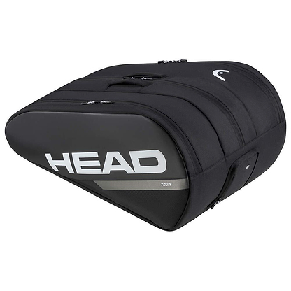 The HEAD Tour Badminton Racket Bag XL in black and white, showcasing a triangular shape with the HEAD logo in white, features a zippered compartment and includes a backpack carry system for easy transport.