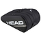 The HEAD Tour Badminton Racket Bag XL in black and white, showcasing a triangular shape with the HEAD logo in white, features a zippered compartment and includes a backpack carry system for easy transport.