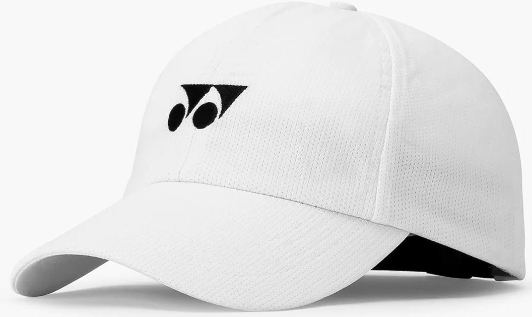 The Yonex 40125EX Badminton Cap - White is a lightweight, breathable cap with a small black geometric logo, curved brim, and textured fabric—ideal for comfort on and off the court.