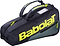 The Babolat RH Carlitos Junior 3 Racket Badminton Bag in black/yellow has a bold yellow Babolat logo, carrying handles, zipper, and rectangular ID window—ideal for juniors to carry rackets and gear.