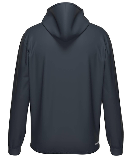 The HEAD Topspin Mens Badminton Hoodie - NVXU by HEAD is shown from the back in dark gray, featuring long sleeves, a relaxed fit, and moisture transfer microfibre for all-day sports comfort.