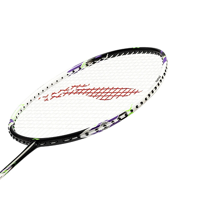 This close-up image features the Li-Ning Halbertec Motor 4U Badminton Racket - White, boasting a sleek frame in black and white with vibrant accents. Its strings create an intricate crisscross pattern against a pristine white background, highlighting its exceptional performance.