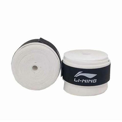 Displayed are two rolls of the Li-Ning Badminton Overgrip (3 Pack) in white. One roll is positioned upright, while the other is laid flat. Each roll is secured with a black band that prominently features the Li-Ning logo, emphasizing their super tacky quality against a plain white background.