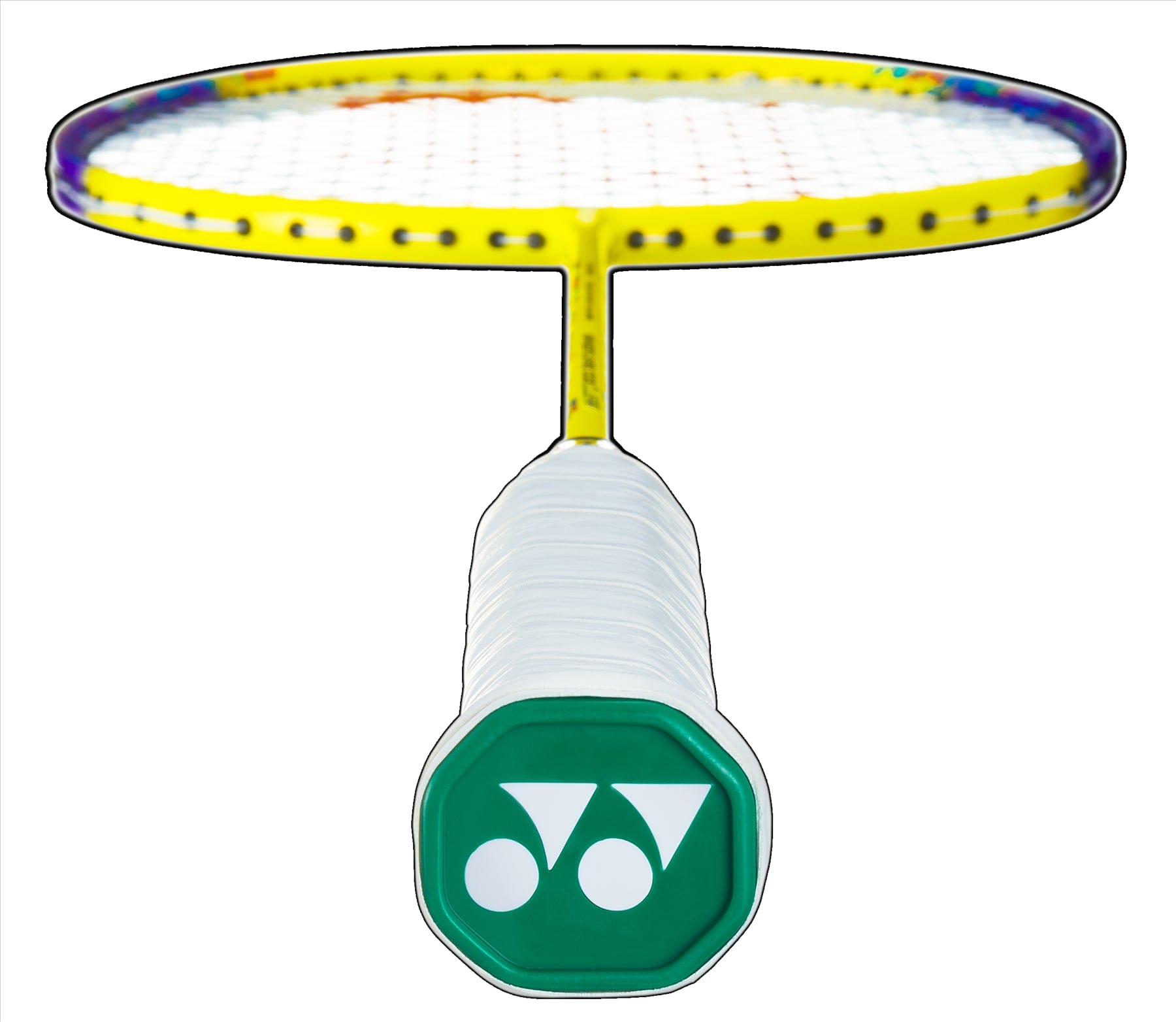 The Yonex Nanoflare 002 Clear 4U Badminton Racket - Yellow features a green cap with a white logo of two circles and a Y-shaped design, displayed from the handle's end. Its strings with ISOMETRIC™ technology are shown against a plain white background.