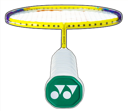 The Yonex Nanoflare 002 Clear 4U Badminton Racket - Yellow features a green cap with a white logo of two circles and a Y-shaped design, displayed from the handle's end. Its strings with ISOMETRIC™ technology are shown against a plain white background.
