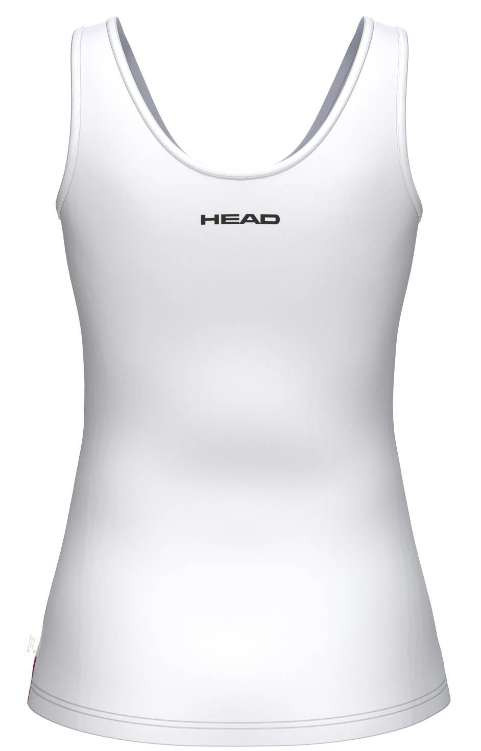 A white HEAD Blur Women's Badminton Tank Top - ROXU, shown from the back, features a black HEAD logo centered on the upper back, a scoop neckline, fitted shape, and moisture-wicking sportswear fabric.