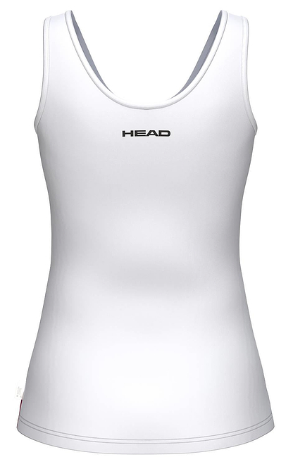 A white HEAD Blur Women's Badminton Tank Top - ROXU, shown from the back, features a black HEAD logo centered on the upper back, a scoop neckline, fitted shape, and moisture-wicking sportswear fabric.