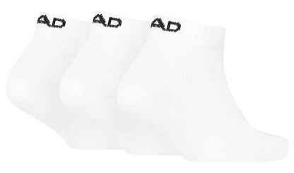 Three pairs of HEAD All Sport Sneaker Badminton Socks in white, each with a black logo near the top cuff and cushioned soles for comfort, are arranged side by side against a plain background.