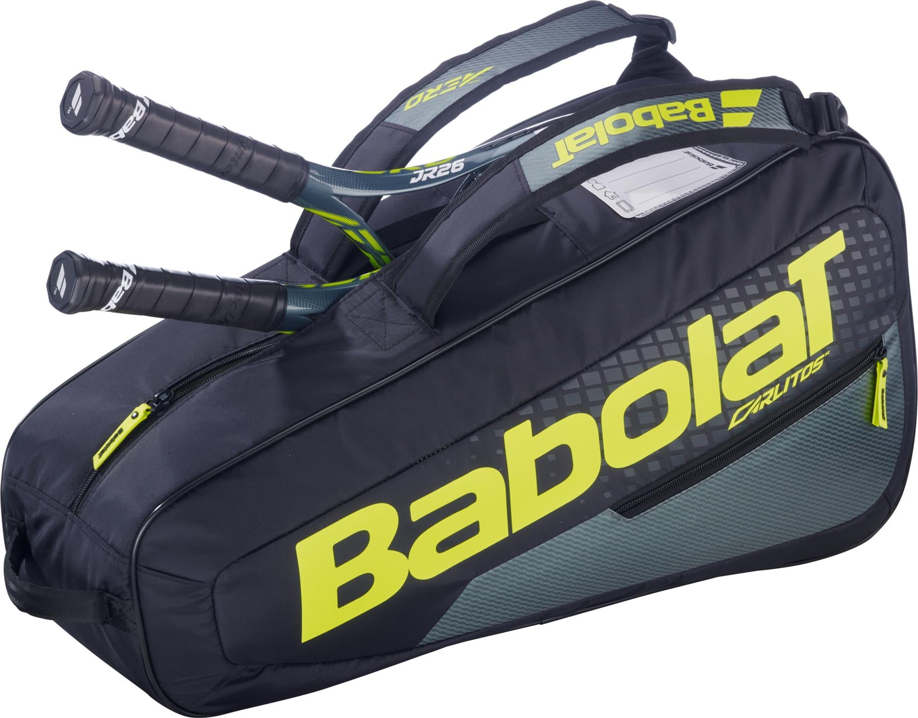 The Babolat RH Carlitos Junior 3 Racket Badminton Bag in black and yellow, with visible handles and large "Babolat" branding, holds up to three rackets.