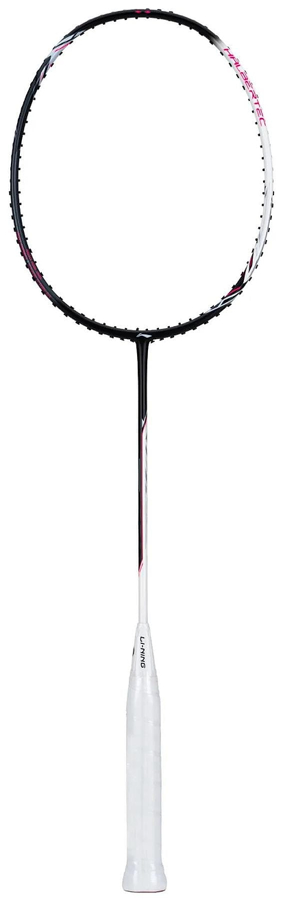 A Li-Ning Halbertec 5000 3U Badminton Racket in white and purple, featuring a High Modulus Graphite frame and white grip, is displayed against a plain white background.