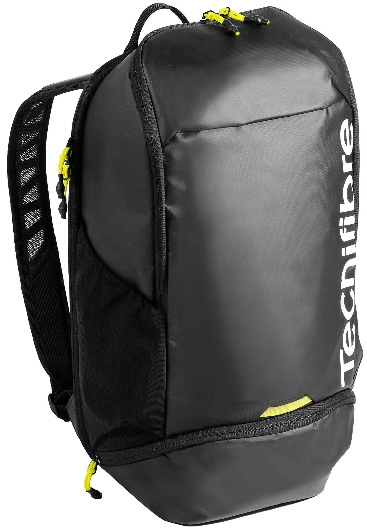 The Tecnifibre Reform Badminton Backpack - Black features a spacious front pocket, yellow zipper accents, side mesh pocket, padded shoulder straps, and a white Tecnifibre logo—ideal for carrying your badminton racket.