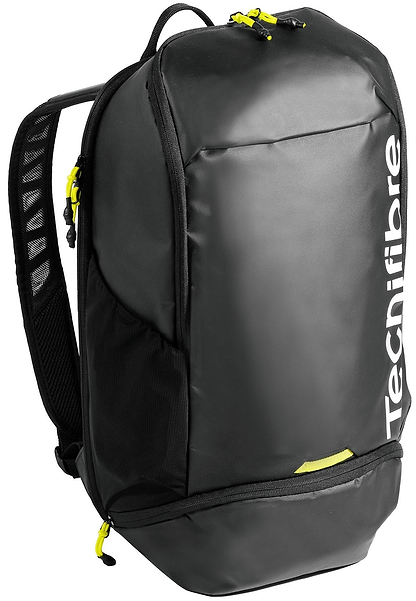 The Tecnifibre Reform Badminton Backpack - Black features a spacious front pocket, yellow zipper accents, side mesh pocket, padded shoulder straps, and a white Tecnifibre logo—ideal for carrying your badminton racket.