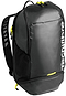 The Tecnifibre Reform Badminton Backpack - Black features a spacious front pocket, yellow zipper accents, side mesh pocket, padded shoulder straps, and a white Tecnifibre logo—ideal for carrying your badminton racket.