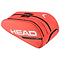 The HEAD Tour Badminton Racket Bag L in Fluorescent Orange boasts a spacious interior with a curved design. It prominently displays the large white "HEAD" and the smaller text "Tour". This bag features multiple zippered compartments, climate control technology, and a convenient carrying handle.