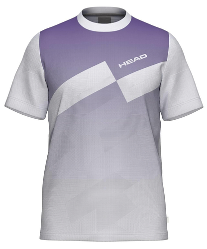 The HEAD Pro Men's Badminton T-Shirt - PUXP features a purple and white geometric pattern, "HEAD" in white on the upper right chest, short sleeves, breathable fabric, crew neck, and a sporty modern design.
