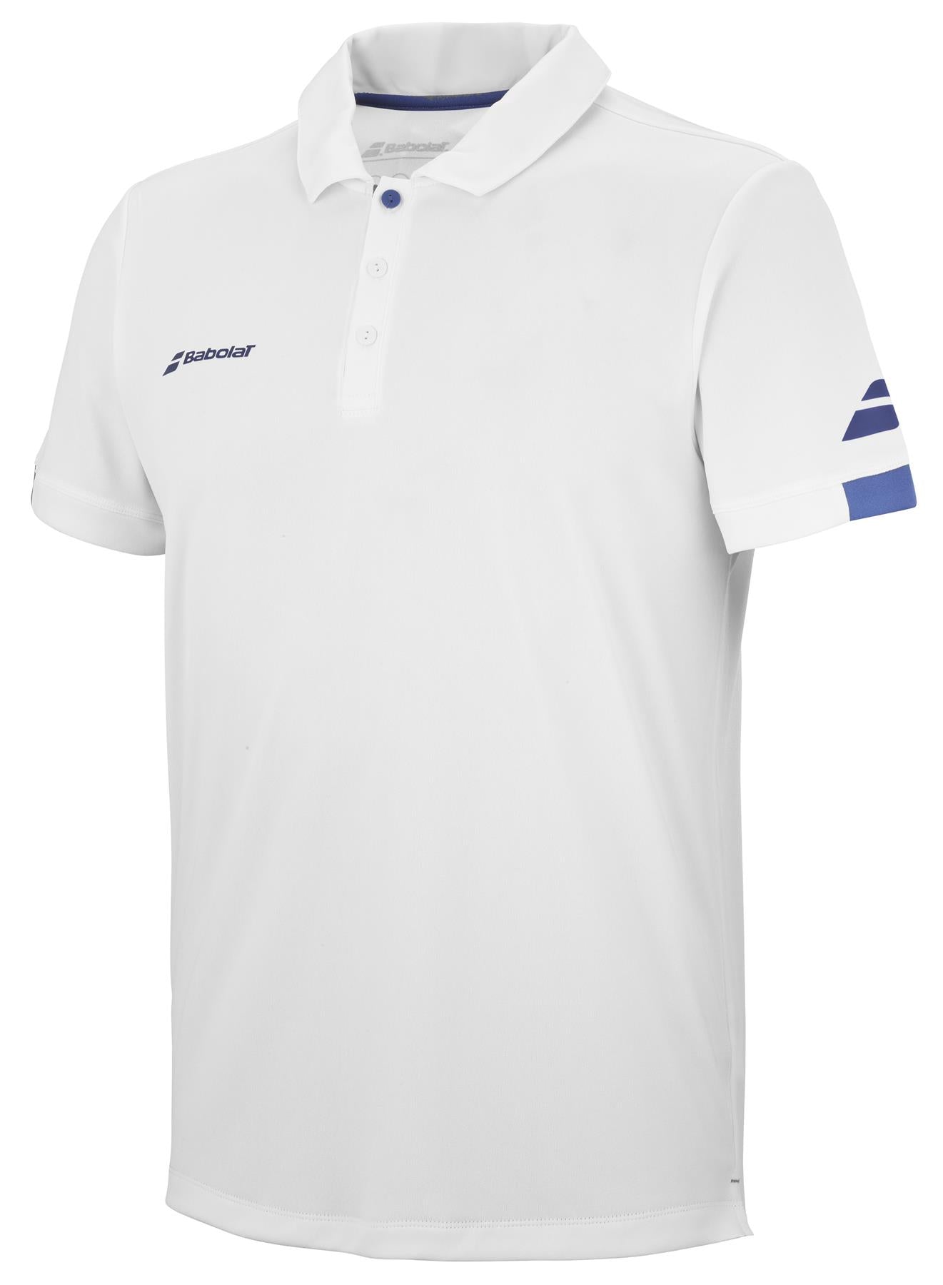 The Babolat Play Men's Badminton Polo Shirt in white is a stylish and sustainable option. Made from Fiber Dry recycled polyester, it includes a collar and three buttons. The design features blue stripes on one sleeve, along with the Babolat logo on both the chest and sleeve, offering a simple and sporty appeal.