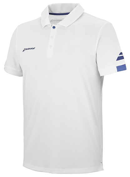 The Babolat Play Men's Badminton Polo Shirt in white is a stylish and sustainable option. Made from Fiber Dry recycled polyester, it includes a collar and three buttons. The design features blue stripes on one sleeve, along with the Babolat logo on both the chest and sleeve, offering a simple and sporty appeal.